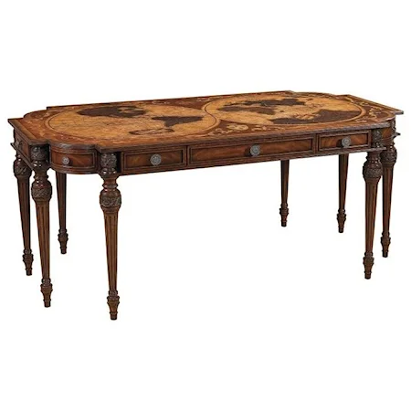 Aged Regency Finish Map Writing Desk with Intricate Inlaid Marquetry Top in Various Veneers